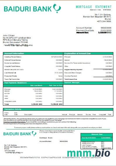 Brunei Bank Baiduri wyciąg z kredytu hipotecznego szablon Word i PDF